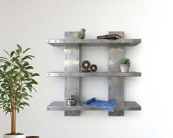 Aviator Wall Shelf - Industrial Riveted Aluminum Bookshelf - Modern Aircraft Style 3-Tier Floating Shelves - Metal Wall Decor Storage
