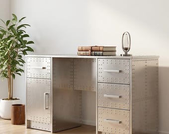 Aviator Executive Desk with 4 Drawers and Storage Cabinet - Riveted Aluminum Industrial Office Desk - Aircraft Inspired Metal Workstation