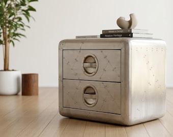 Aviator Side Table with 2 Drawers, Aluminum Stool, Aviation Home Office Décor, Industrial Metal Furniture