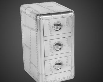 Aviator Aluminum 3-Drawer Nightstand | Industrial Aircraft Style Storage Cabinet, Silver Riveted Bedside Table