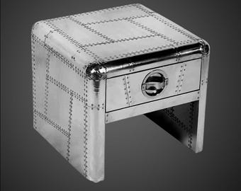 Riveted Aviator Aluminum Side Table with Drawer Industrial Nightstand Modern Loft Furniture