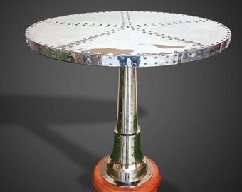 Aviator Aluminum Riveted Round Bistro Table Aircraft Style Industrial Pedestal Table Modern Aviation Furniture