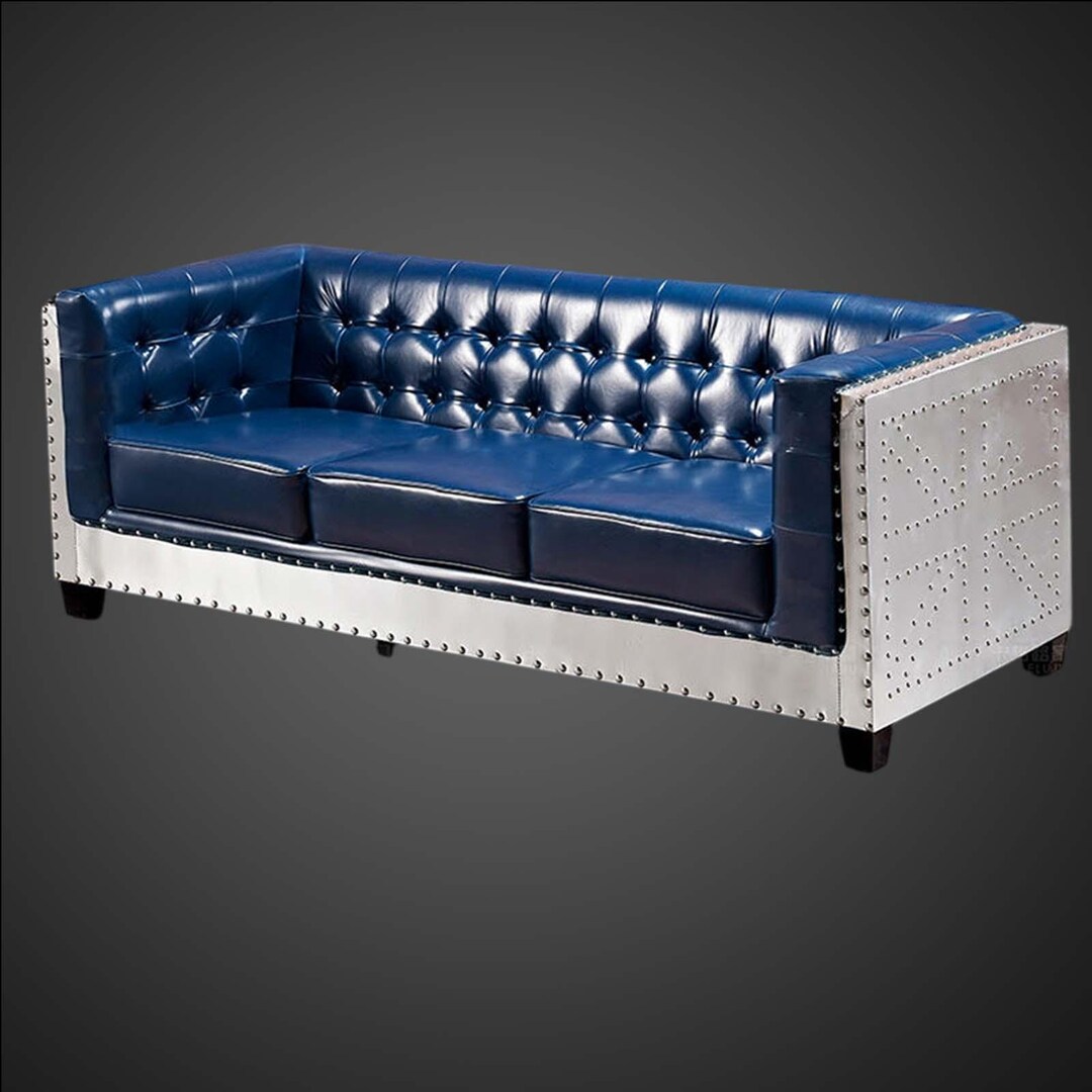 Aviator Blue Leather Sofa - Riveted Aluminum 3-seater Chesterfield ...