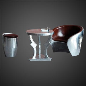 3-Piece Living Room Set | Aluminum Wing-Style Tub Chair, Leather Top Round Coffee Table & Metal Stool | Industrial Patchwork Decor