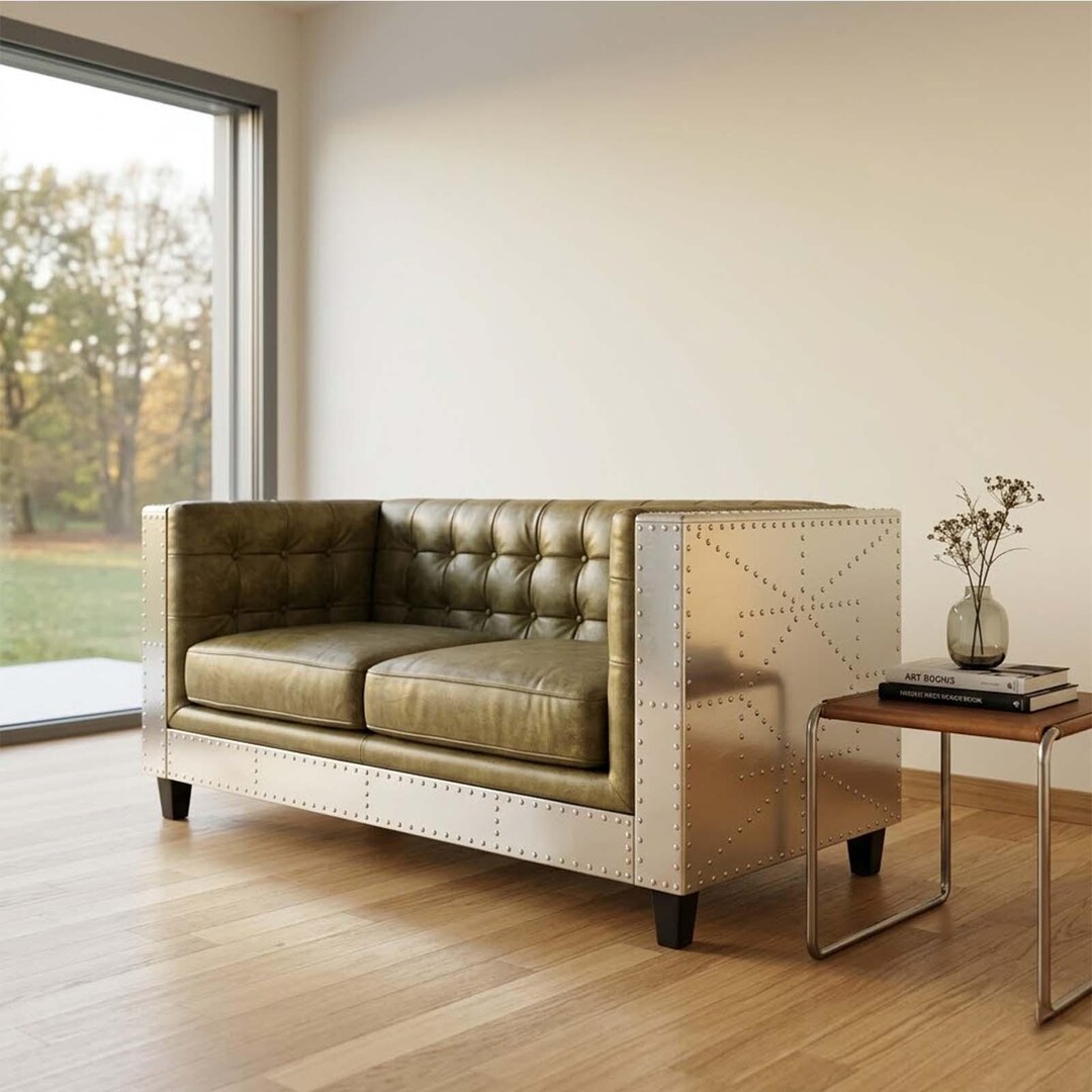 Aviator 2-seater Sofa in Olive Green Top Grain Leather – Industrial ...