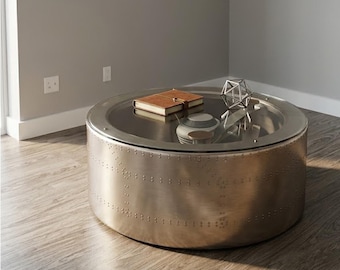 Mesa de centro estilo aviador | Mesa de sala de estar em alumínio com design industrial inspirado na aviação