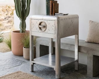 Aviator Aluminum Side Table Nightstand with Drawer and Shelf, Industrial Aircraft Style Silver Riveted Bedside Table