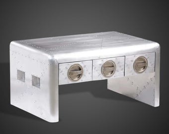 Aviator Aluminum Coffee Table with Drawers, Aircraft Style Aviation Furniture, Industrial Living Room Decor
