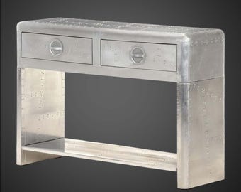 Aviator Aluminum Console Table with Drawers | Industrial Aircraft Riveted Metal Entryway Hallway Furniture
