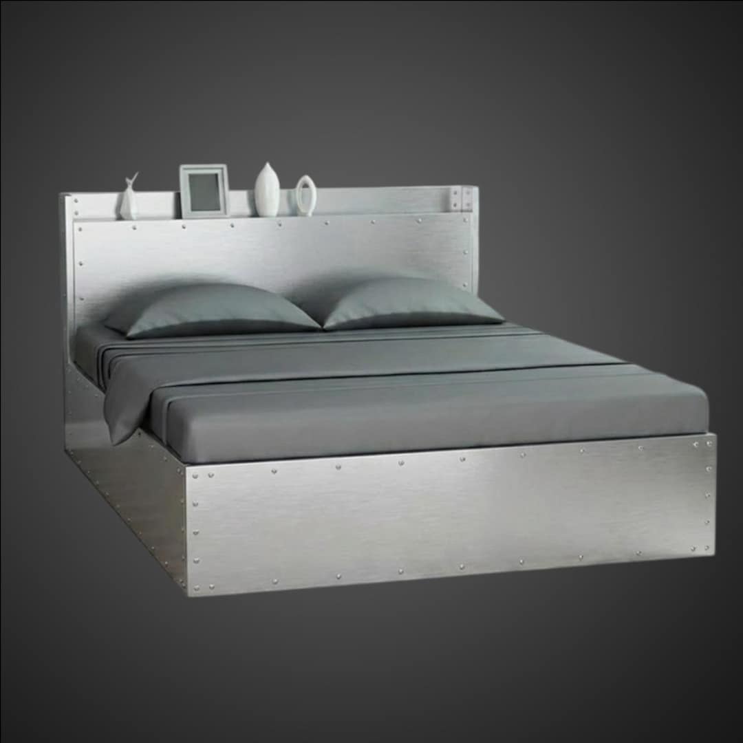 Industrial Metal Platform Bed With Built-in Storage Headboard – Riveted ...