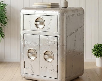 Industrial Aviator Nightstand, Hand-Riveted Aluminum End Table, Metal Bedside Cabinet, Loft Style Furniture For Home, Office