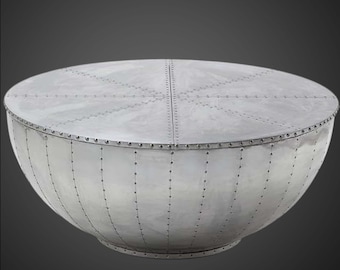 Aviator Aluminum Coffee Table | Industrial Aircraft Riveted Metal Round Table Modern Loft Living Room Furniture