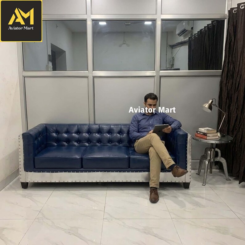 Aviator Blue Leather Sofa - Riveted Aluminum 3-seater Chesterfield ...