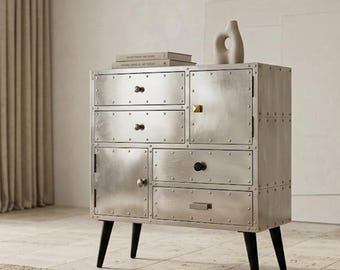 Industrial Aviator Aluminum Sideboard – Hand-Riveted Aircraft Style Cabinet with 4 Drawers and 2 Doors – Metal Credenza for Home Office