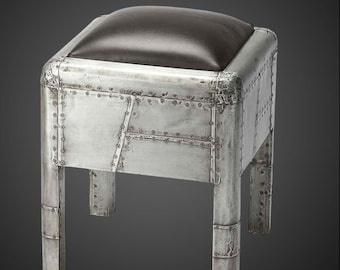 Aviator Industrial Stool Ottoman | Aluminum Riveted Seat with Leather Cushion | Aircraft Style Loft Furniture