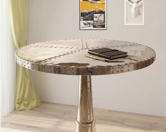 Aviator Aluminum Riveted Round Bistro Table Aircraft Style Industrial Pedestal Table Modern Aviation Furniture