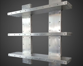 Aviator Wall Shelf - Industrial Riveted Aluminum Bookshelf - Modern Aircraft Style 3-Tier Floating Shelves - Metal Wall Decor Storage