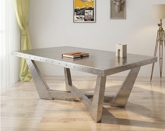 Handmade Aviator Aluminum Coffee Table, Riveted Metal Center Table, Industrial Mid-Century Modern Furniture For Living Room