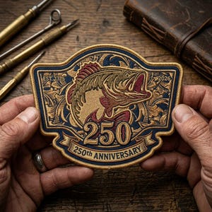 May include: Embroidered patch with a fish design, celebrating a 250th anniversary. The patch features a detailed illustration of a fish with open mouth, surrounded by ornate floral patterns. The text "EST. 1776" and "2026" are visible.