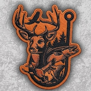 May include: Embroidered patch featuring a deer, fish, and a bird, with a fishing hook design. The patch is primarily orange and black, with detailed stitching. The patch is a nature-themed design.