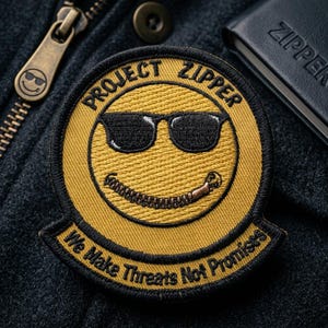 May include: A yellow embroidered patch with the words "PROJECT ZIPPER" and "We Make Threats Not Promises". The patch features a smiling face wearing sunglasses with a zipper for a mouth. The patch is on a dark gray fabric.