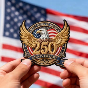 May include: Embroidered patch featuring a golden eagle with outstretched wings, the text "UNITED STATES OF AMERICA" and "250 ANNIVERSARY 1776-2026". The patch is held in front of an American flag.
