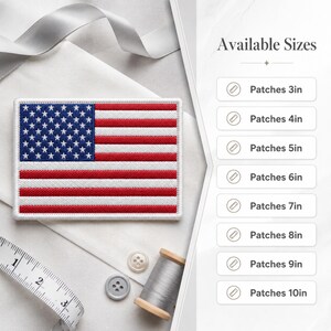 May include: A rectangular embroidered patch featuring the United States flag with red and white stripes and a blue canton with white stars. A chart lists available sizes from 3in to 10in, accompanied by a measuring tape and thread spool.