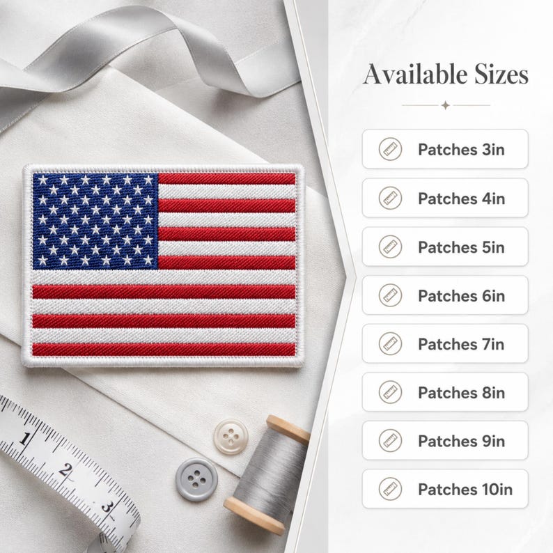 May include: A rectangular embroidered patch featuring the United States flag with red and white stripes and a blue canton with white stars. A chart lists available sizes from 3in to 10in, accompanied by a measuring tape and thread spool.