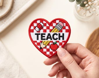 Custom Teacher Heart Patch, Embroidered Checkered School Applique, Pencil Apple Iron-On Badge, Appreciation Gift For Educators