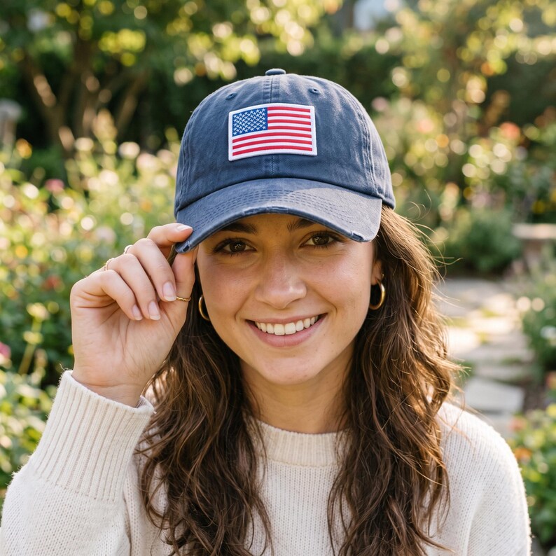 May include: A navy blue baseball cap featuring a rectangular patch of the United States flag on the front. The cap has a curved brim with subtle distressed detailing along the edge and a structured crown made of cotton fabric.