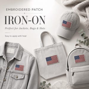 May include: An iron-on embroidered patch featuring the United States flag, displayed on a light gray denim jacket, a canvas tote bag, and a baseball cap. The text reads: EMBROIDERED PATCH, IRON-ON, Perfect for Jackets, Bags & Hats, Easy to apply with heat.