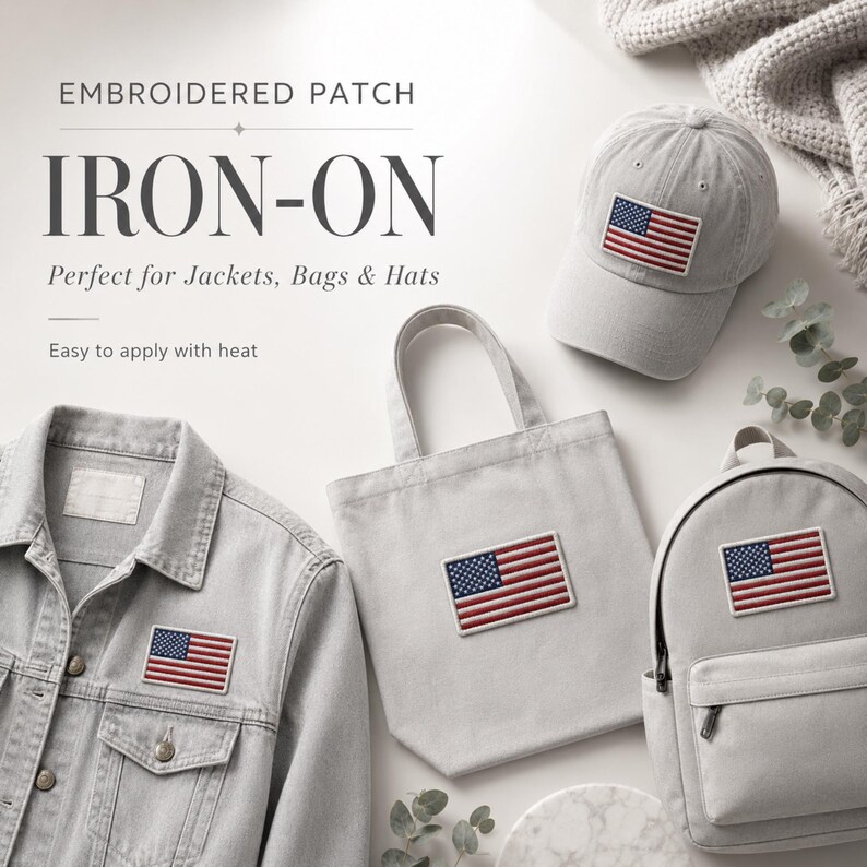 May include: An iron-on embroidered patch featuring the United States flag, displayed on a light gray denim jacket, a canvas tote bag, and a baseball cap. The text reads: EMBROIDERED PATCH, IRON-ON, Perfect for Jackets, Bags & Hats, Easy to apply with heat.