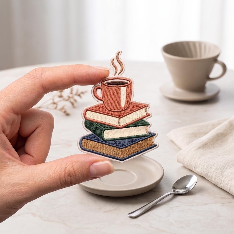 May include: An embroidered patch featuring a stack of three books in red, green, and blue with a steaming coffee mug on top. The design uses detailed stitching to show the book covers, pages, and the rising steam from the dark brown coffee.