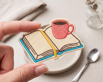Custom Book Coffee Patch, Embroidered Reading Applique, Cozy Reader Gift, Iron On Badge For Jacket Backpack Tote Bag