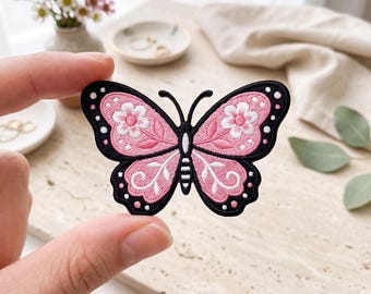 Custom Floral Butterfly Patch, Embroidered Pink Applique, Iron On Gift For Jacket Backpack, Cute Spring Nature Accessory