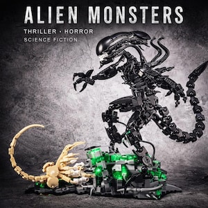 May include: A black Alien monster figure with a detailed design, standing on a green and gray base. The figure has a long tail and is posed with its arms outstretched. The image includes the text "ALIEN MONSTERS" and the genres "THRILLER HORROR SCIENCE FICTION".