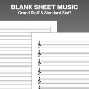 May include: Two sheets of blank sheet music with staves and clef symbols. The text at the top reads "BLANK SHEET MUSIC" and "Grand Staff & Standard Staff". The sheets are white with black lines and symbols.