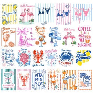 K&ouml;nnte beinhalten: Eine Sammlung farbenfroher Illustrationen zum Thema Sommer mit Text. Designs umfassen Flamingos, Cocktails, Bikinis, Zitronen und S&auml;tze wie "Hello Summer" und "Beach Spritz Club". Die Kunstwerke sind im Vintage-Stil gehalten.