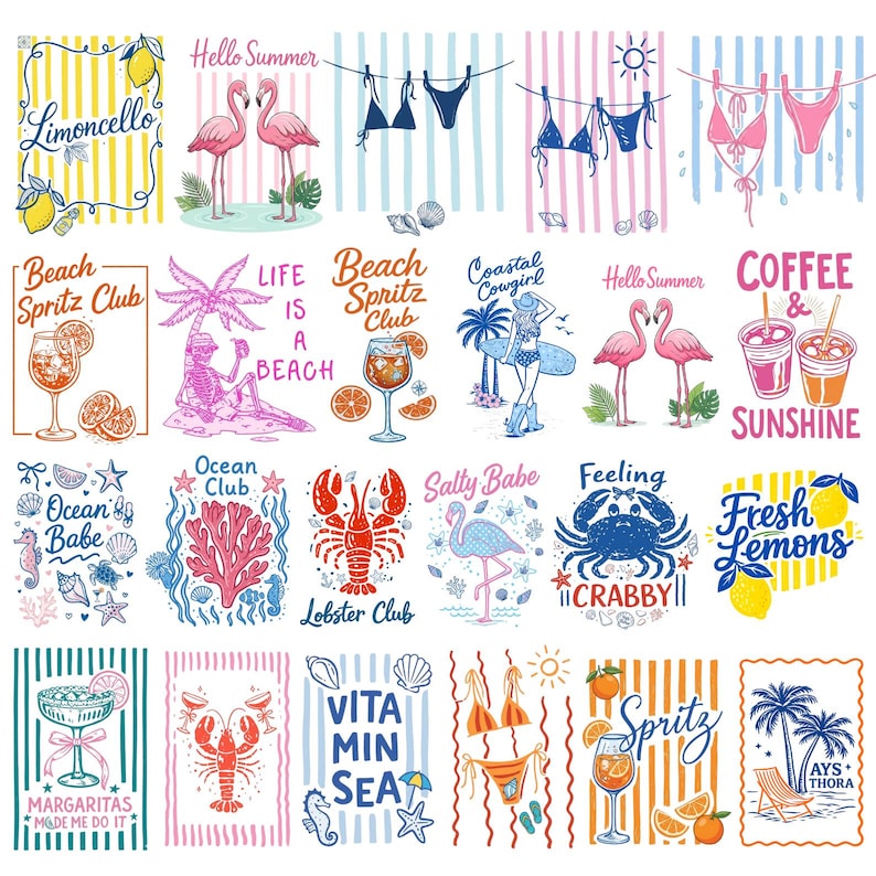 K&ouml;nnte beinhalten: Eine Sammlung farbenfroher Illustrationen zum Thema Sommer mit Text. Designs umfassen Flamingos, Cocktails, Bikinis, Zitronen und S&auml;tze wie "Hello Summer" und "Beach Spritz Club". Die Kunstwerke sind im Vintage-Stil gehalten.