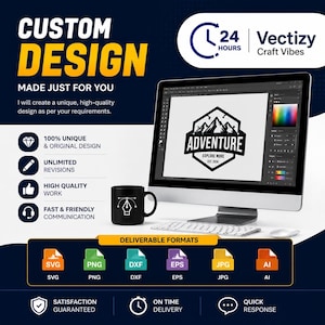 May include: A computer monitor displays a design with the word "ADVENTURE" and mountain graphics. The image promotes custom design services, with text including "CUSTOM DESIGN" and "MADE JUST FOR YOU." A black mug with a design tool icon sits to the left of the monitor.