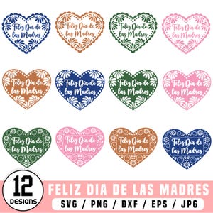 Pode incluir: Uma coleção de 12 designs em forma de coração em várias cores, cada um com o texto "Feliz Día de las Madres." Os designs incluem padrões florais e decorativos, adequados para projetos de artesanato. Formatos: SVG, PNG, DXF, EPS e JPG.