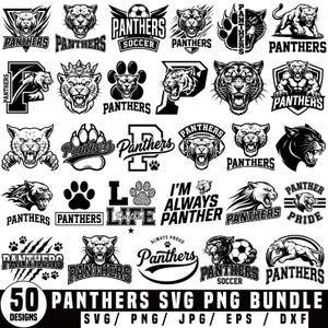 May include: A collection of 50 black and white graphic designs featuring panther heads, paw prints, and the text Panthers, Soccer, and I'm Always Panther. These digital illustrations include various sports-themed logos and stylized animal motifs.