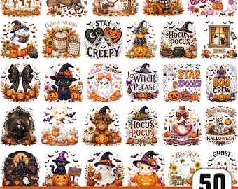 Halloween-Geister-PNG-Bundle, süße Herbstkürbis-Sublimationsgrafik, verspieltes Geister-Shirt-Design (Aquarell, PNG), Gruselsaison-Download
