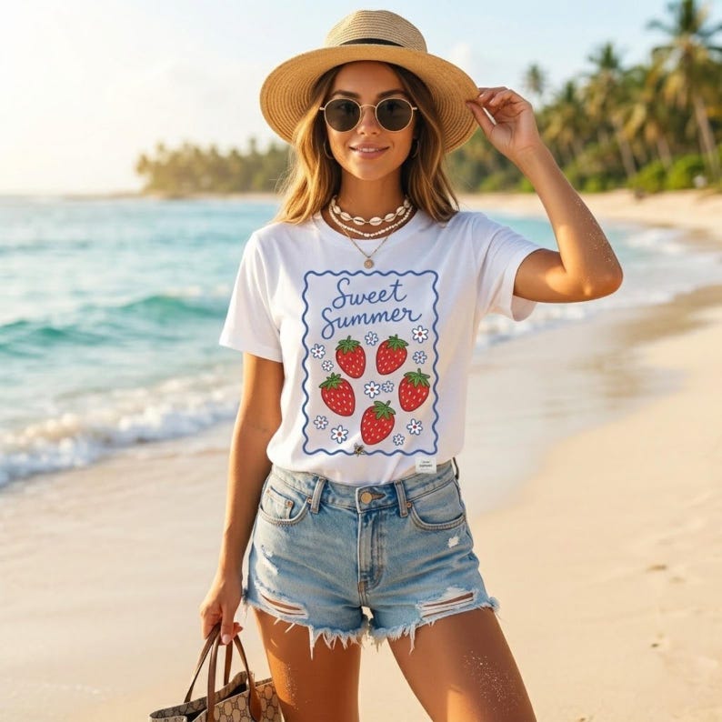 K&ouml;nnte beinhalten: Wei&szlig;es T-Shirt mit einem "Sweet Summer"-Motiv mit roten Erdbeeren und wei&szlig;en Blumen. Die Person tr&auml;gt Jeansshorts, einen Strohhut und eine Sonnenbrille. Im Hintergrund ist ein Strand mit Meer und Palmen zu sehen.