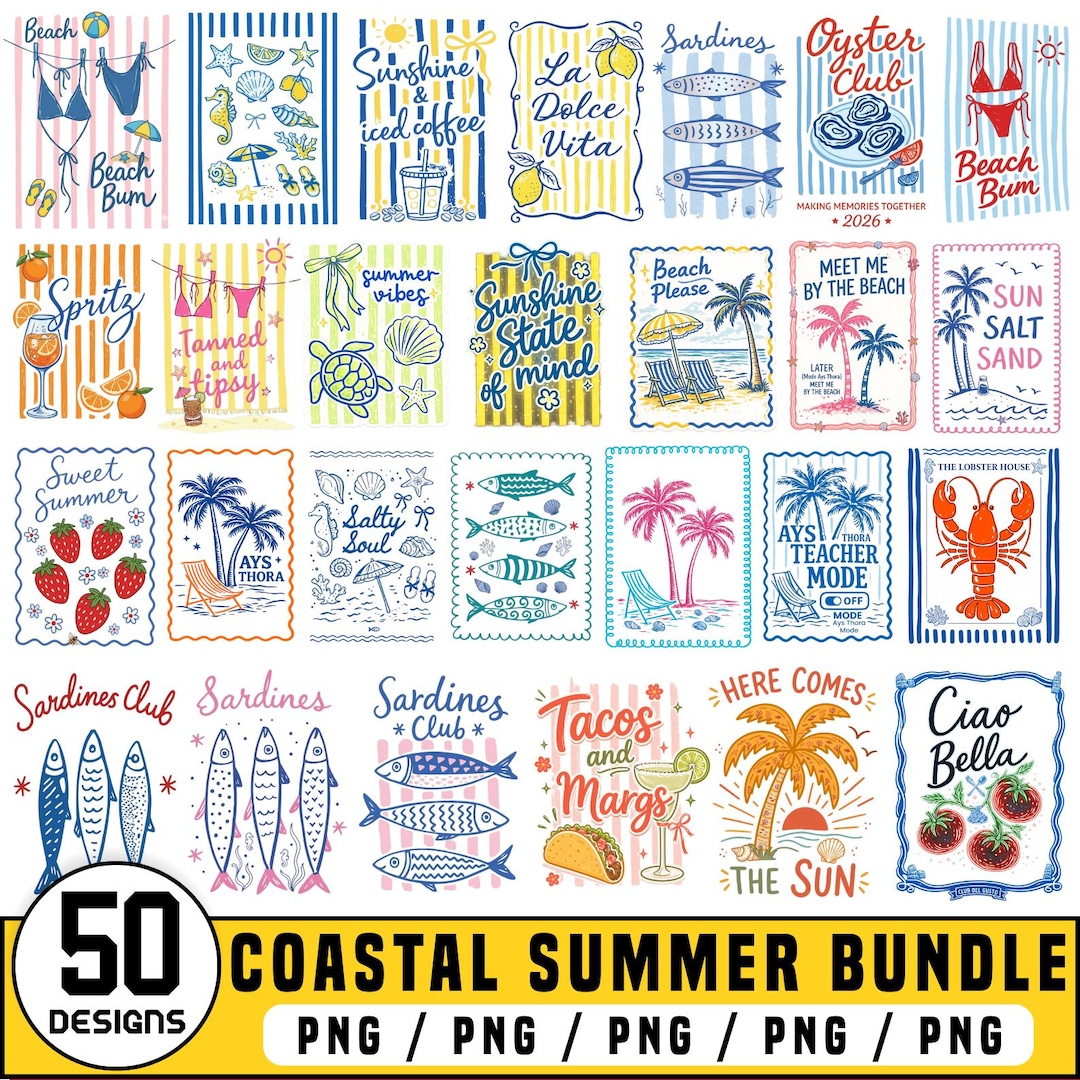 Coastal Summer PNG Bundle, Beach Clipart Bundle, Retro Preppy Coquette Graphics, Ocean Bea