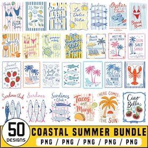 May include: A collection of 50 coastal summer designs in PNG format. The images feature beach-themed illustrations, including bikinis, seashells, fish, cocktails, and tropical elements. Text includes phrases like "Beach Bum," "Sunshine," and "Tacos and Margs."
