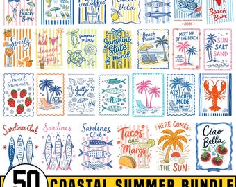 Coastal Summer PNG Bundle, Beach Clipart Bundle, Retro Preppy Coquette Graphics, Ocean Beach Vacation Designs, Sardines Lobster Cocktail