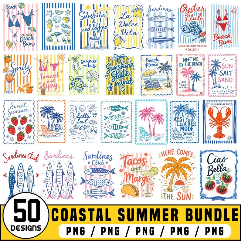 K&ouml;nnte beinhalten: Eine Sammlung von 50 K&uuml;sten-Sommer-Designs im PNG-Format. Die Bilder zeigen Illustrationen zum Thema Strand, darunter Bikinis, Muscheln, Fische, Cocktails und tropische Elemente. Der Text enth&auml;lt S&auml;tze wie "Beach Bum", "Sunshine" und "Tacos and Margs."
