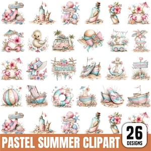 May include: A collection of 26 digital illustrations featuring pastel summer themes including crabs, beach signs, flip-flops, sailboats, surf vans, and floral accents. The graphics display soft pink, blue, and cream tones with beach-themed elements.
