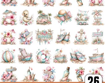 Pastell Sommer Clipart Bundle, Aquarell Strand Elemente, Seestern, Ozean Clipart, Küsten PNG, Sommer Urlaub Grafiken